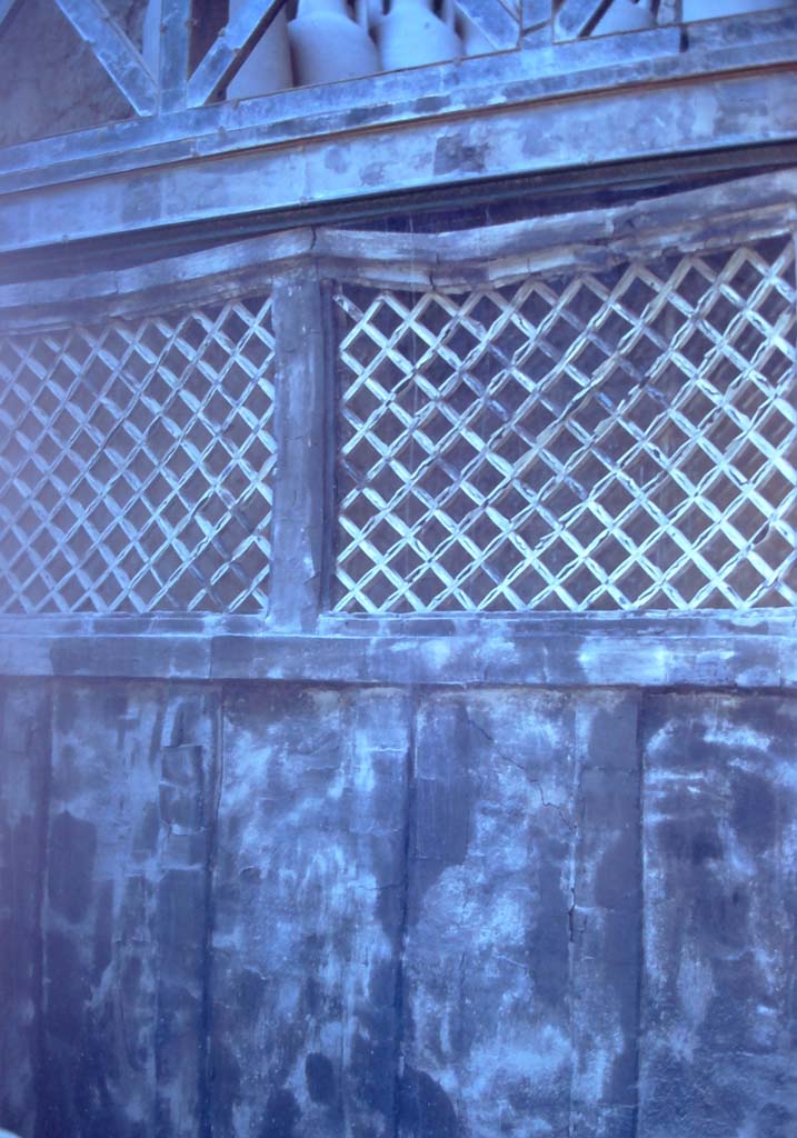 V.6 Herculaneum. 7th August 1976. Detail of wooden partition in north-east corner of shop.
Photo courtesy of Rick Bauer, from Dr George Fay’s slides collection.

