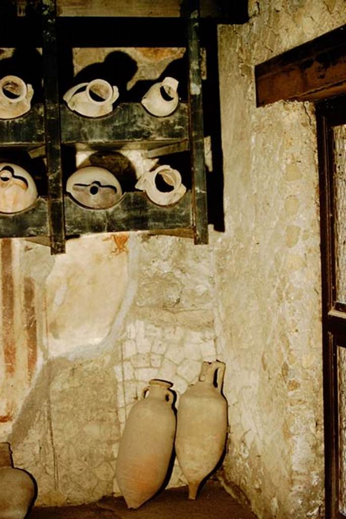 V.6 Herculaneum, 1957. South wall and south-west corner of shop.  
Photo by Stanley A. Jashemski.
Source: The Wilhelmina and Stanley A. Jashemski archive in the University of Maryland Library, Special Collections (See collection page) and made available under the Creative Commons Attribution-Non-Commercial License v.4. See Licence and use details.
J57f0446
