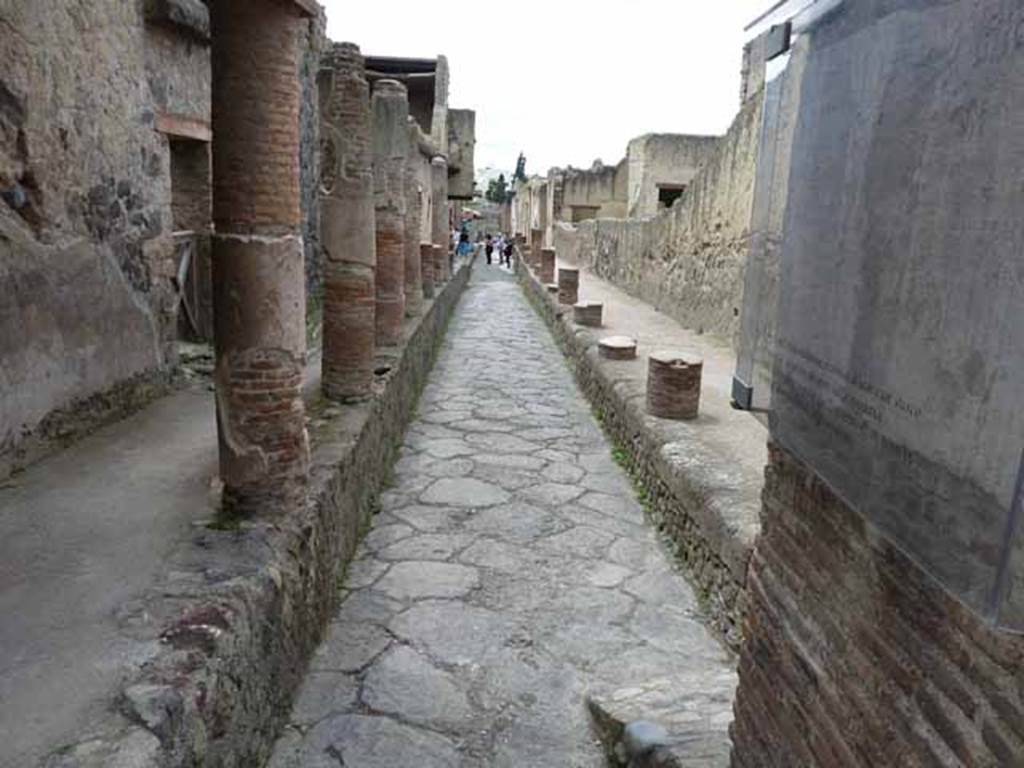 V.9 on left, with Ins. VI on upper right, Herculaneum. May 2010.
V.9, the rear doorway of V.10, can be seen on the left. 
Looking south along Cardo IV Superiore, from junction with Decumanus Maximus. 
On the right can be seen the graffiti painted on the water tower.

201005%20Card%2006%20692