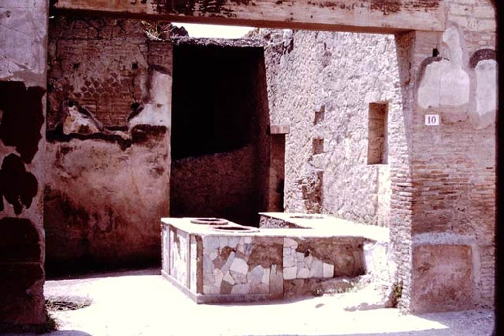 V.10 Herculaneum, 1964. Looking south-west towards entrance doorway from Decumanus Maximus.  Photo by Stanley A. Jashemski.
Source: The Wilhelmina and Stanley A. Jashemski archive in the University of Maryland Library, Special Collections (See collection page) and made available under the Creative Commons Attribution-Non Commercial License v.4. See Licence and use details. J64f1157
