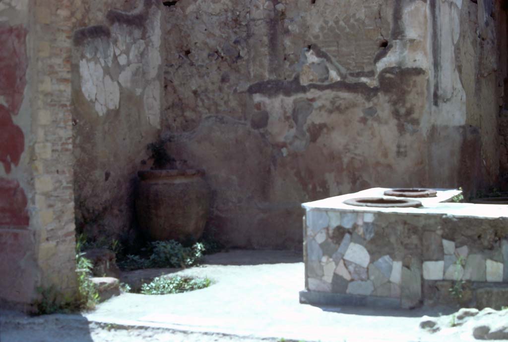 V.10 Herculaneum, 7th August 1976. Looking towards south-east corner of shop-room.
Photo courtesy of Rick Bauer, from Dr George Fay’s slides collection.
