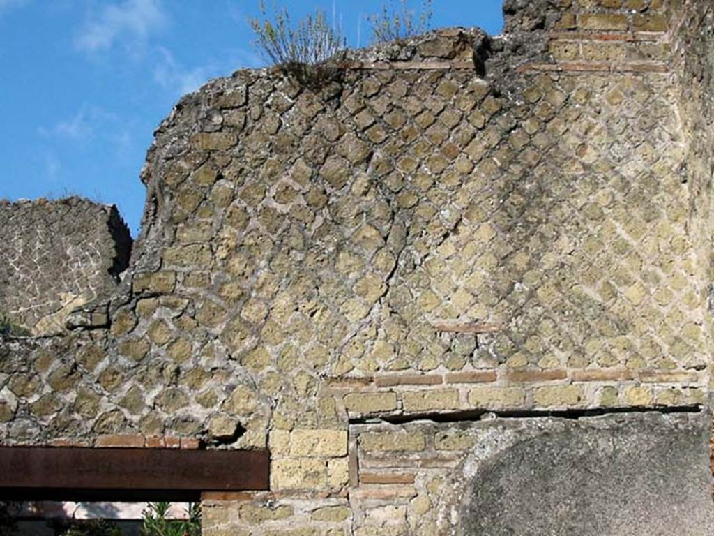 V.15, Herculaneum. May 2003. Detail of upper north wall in north-east corner of large oecus.
Photo courtesy of Nicolas Monteix.
