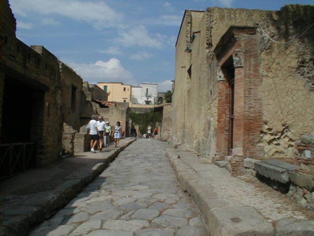 IV.14 Herculaneum on the left and V.35 and V.34 on the right. September 2004. 
Looking west along Decumanus Inferiore.
P9190157