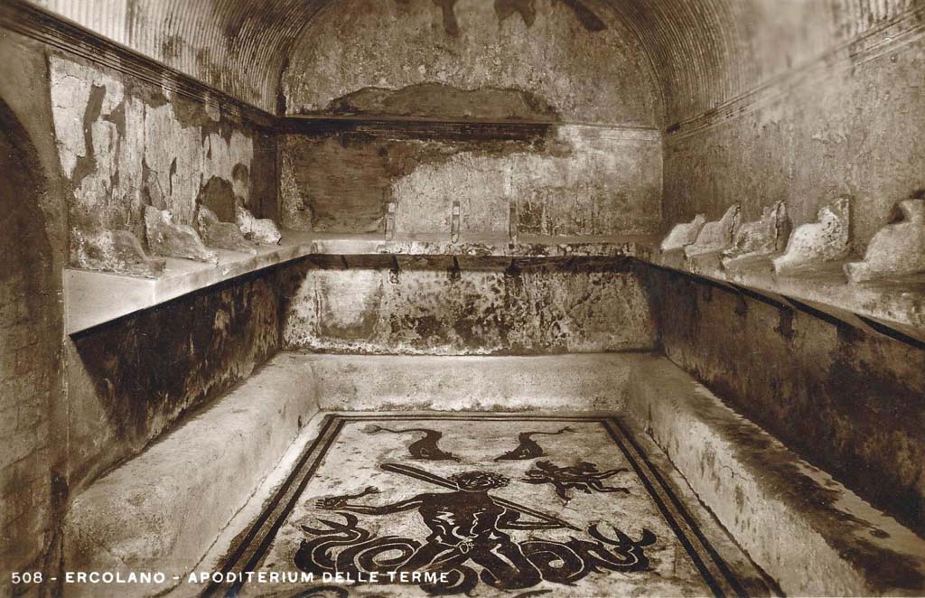 VI.8 Herculaneum. Undated postcard entitled “Apoditerium delle Terme.”
Looking north across the changing room or apodyterium of the women’s baths and its mosaic flooring. Photo courtesy of Peter Woods.
