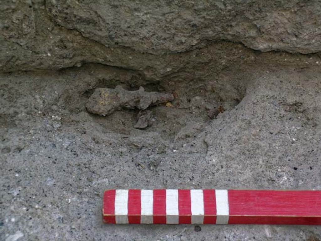 VI.12, Herculaneum. September 2004.  Detail from base of step in north-west corner of rear room
Photo courtesy of Nicolas Monteix.
