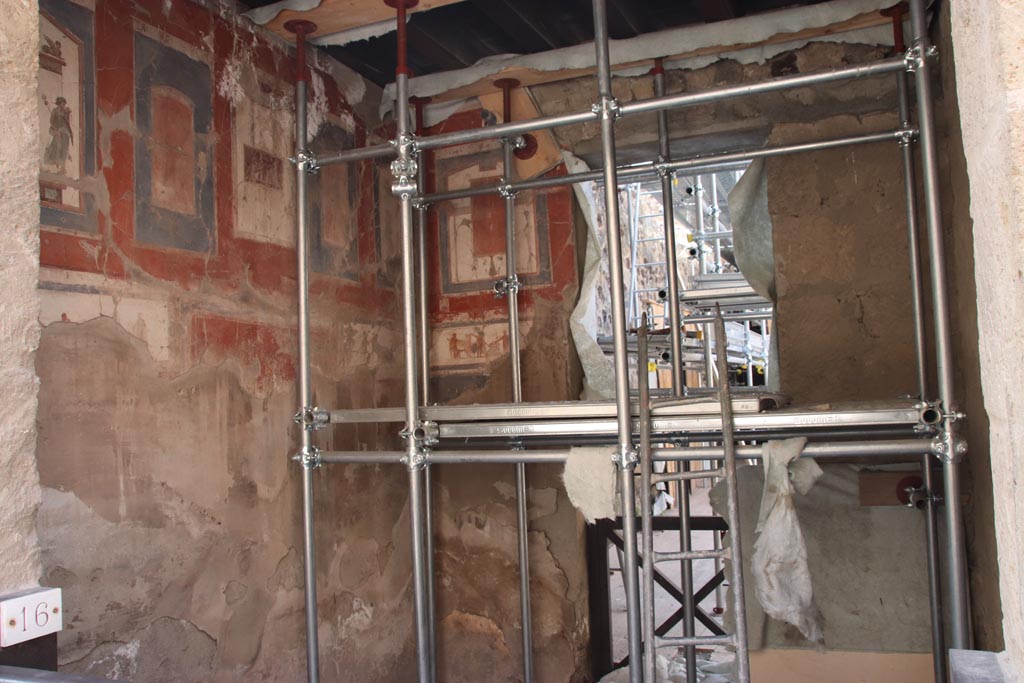 VI.16 Herculaneum. October 2023. 
Looking towards east wall and south-east corner, with doorway to atrium of VI.17 in south wall, under renovation.
Photo courtesy of Klaus Heese.

