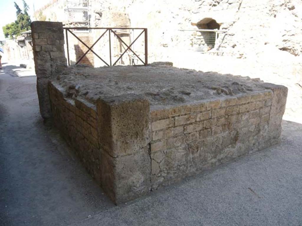 VI 24, Herculaneum. August 2013. Looking south from rear of steps. Photo courtesy of Buzz Ferebee.
According to Wallace-Hadrill, No wagons or carts carrying supplies to shops and private houses could pass here.  Even Cardo III was end-stopped. A rectangular structure, a little over a metre high, stands in the way of traffic. Its function is not obvious.  It has been identified as a tribunal, or suggestum, from which a magistrate could address the people or a public crier could make an announcement. An alternative would be to see it as a base of a small shrine.
See Wallace-Hadrill, A. (2011). Herculaneum, Past and Future. London, Frances Lincoln Ltd., (p.177).
