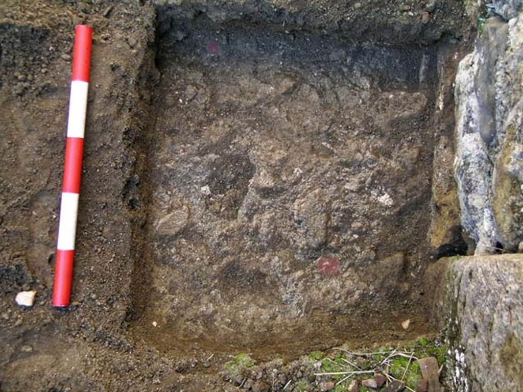 VI.25, herculaneum. May 2004. Detail of an investigation beneath the floor of the shop-room. 
Looking south on the west side.  Photo courtesy of Nicolas Monteix.
