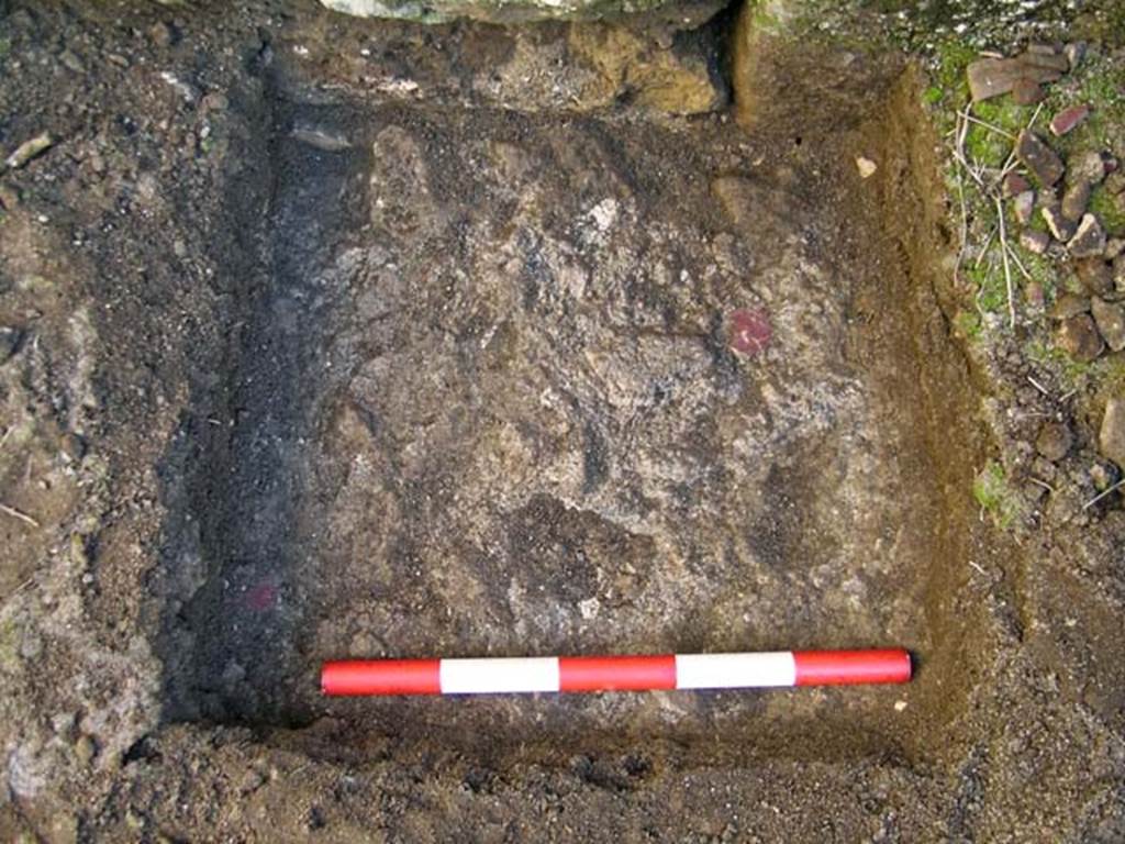 VI.25, Herculaneum. May 2004. Detail of an investigation beneath the floor of the shop-room. 
Looking west on the west side below the north end of the threshold.  Photo courtesy of Nicolas Monteix.
