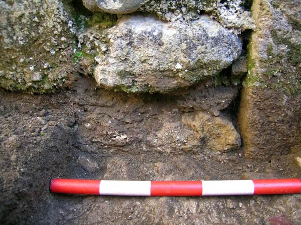 VI.25, Herculaneum. May 2004. Detail of an investigation beneath the floor of the shop-room. 
Detail, looking west on the west side below the north end of the threshold.  Photo courtesy of Nicolas Monteix.
