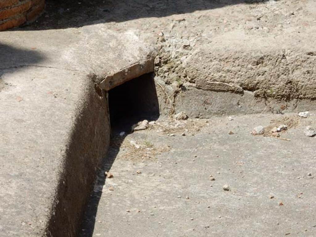 VI.29 Herculaneum. May 2018. Atrium 3, detail of south-west corner of impluvium. Photo courtesy of Buzz Ferebee.