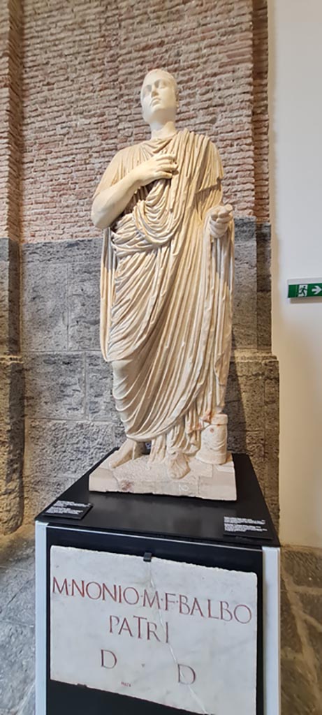 Herculaneum, Basilica Noniana. April 2023.
White marble statue of Marcus Nonius Balbus, father of the proconsul.
On display in “Campania Romana” gallery in Naples Archaeological Museum, inv. 6246.
Photo courtesy of Giuseppe Ciaramella.