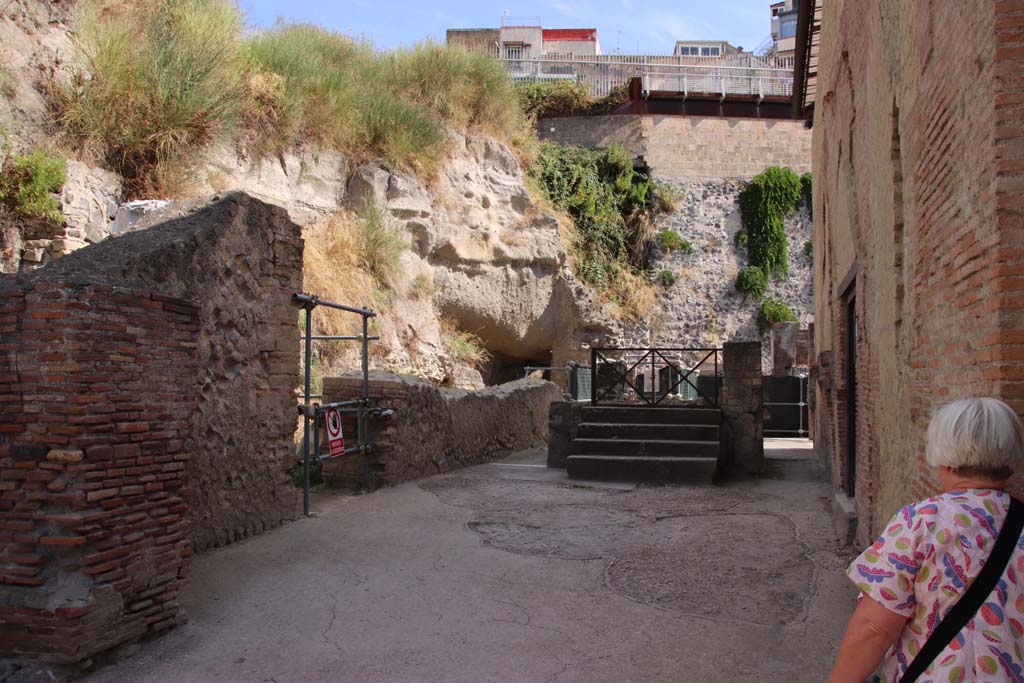 Cardo III Superiore, Herculaneum. September 2019. Looking north to steps and rectangular structure.
Photo courtesy of Klaus Heese.