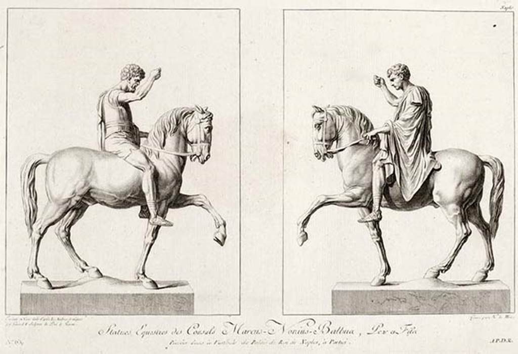 VII.16 Herculaneum. 1782. Two statues of Nonius Balbus, now in Naples Museum.
This drawing, from St Non, shows the elder/father statue with a bearded head.
According to the information board in Palazzo Reale in 2015, this was inspired by the most famous equestrian statue of antiquity, the Marcus Aurelius in Piazza del Campidoglio in Rome, a purely graphical restoration giving a different interpretation from Canart’s.
See Saint Non J., 1782. Voyage Pittoresque ou Description Des Royaumes de Naples et de Sicile : Tome 1 Partie 2, Chap. VIII, p. 36.
