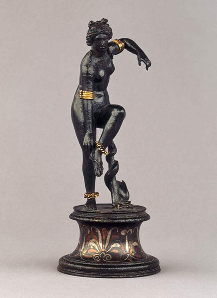 Ins. Orientalis II.4, Herculaneum. Found 22nd February 1757 in the vestibule. 
Statuette of Venus holding her sandal.
Then statuette has arm and ankle bracelets of gold.
Now in Naples Archaeological Museum. Inventory number 5133.
See Pagano, M. and Prisciandaro, R., 2006. Studio sulle provenienze degli oggetti rinvenuti negli scavi borbonici del regno di Napoli. Naples: Nicola Longobardi, p. 214.
