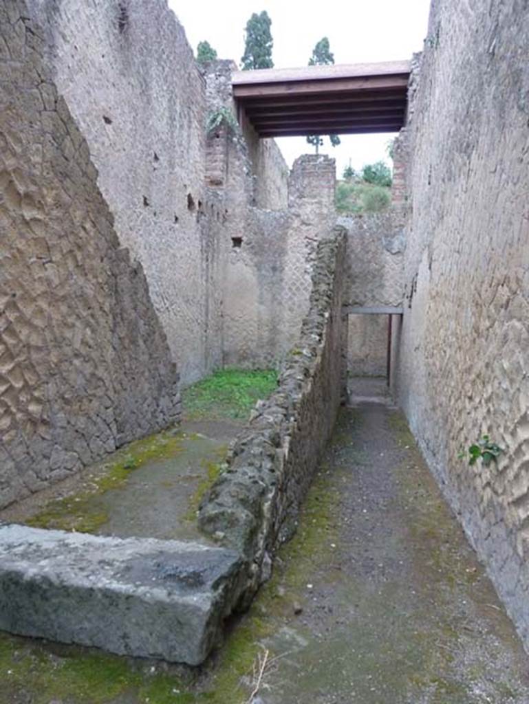 Ins. Orientalis II.7, Herculaneum. September 2015. Looking east from entrance doorway.  Two doorways into rooms on the first floor can be seen in the centre of the photo.  The “modern addition” would be the position of the floor of the rooms on the second floor.
