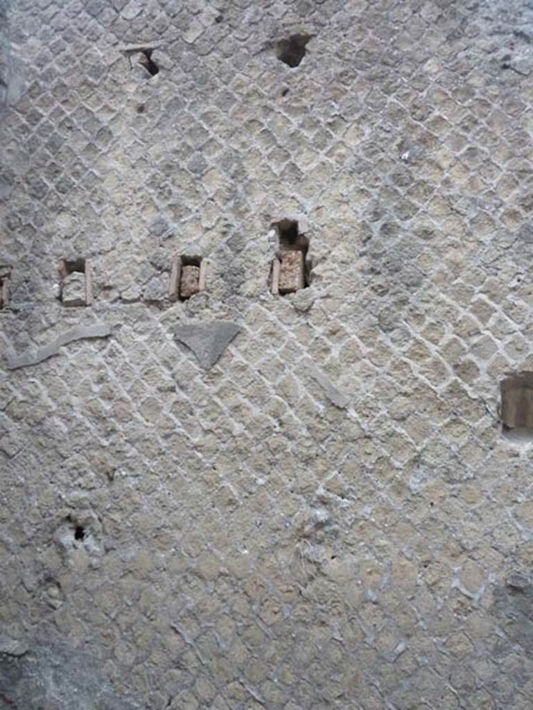 Ins. Orientalis II.10, Herculaneum. September 2015. 
North wall of rear room (b), with holes for support beams for an upper floor, west end.
