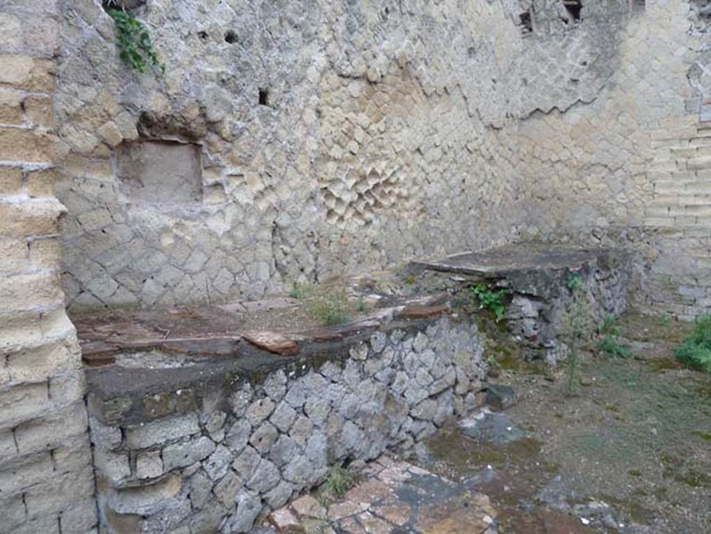 Ins. Orientalis II.18, Herculaneum. September 2015.
Looking towards north wall, with remains of furnace in middle of remains of two big counters.