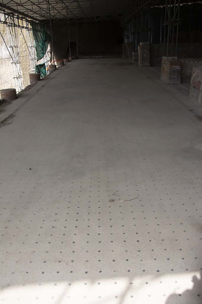 Villa dei Papiri, March 2019. 
Looking west across walkway (a), the large loggia, with white and black mosaic floor.
Foto Annette Haug, ERC Grant 681269 DÉCOR.
