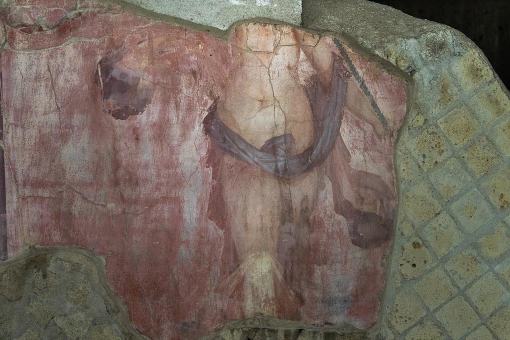 Herculaneum Villa dei Papiri. October 2023. Triclinium, room (i), scantily clothed figure on north wall. Photo courtesy of Johannes Eber.