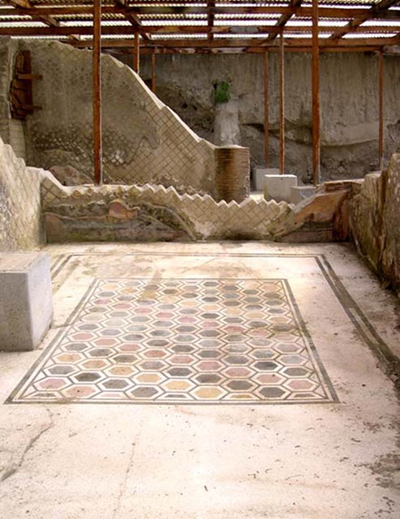 Villa dei Papiri, Herculaneum. July 2004. 
Looking north across multicolour geometric mosaic floor in room (f).
Photo courtesy of Jennifer Stephens.
©jfsPAP0671