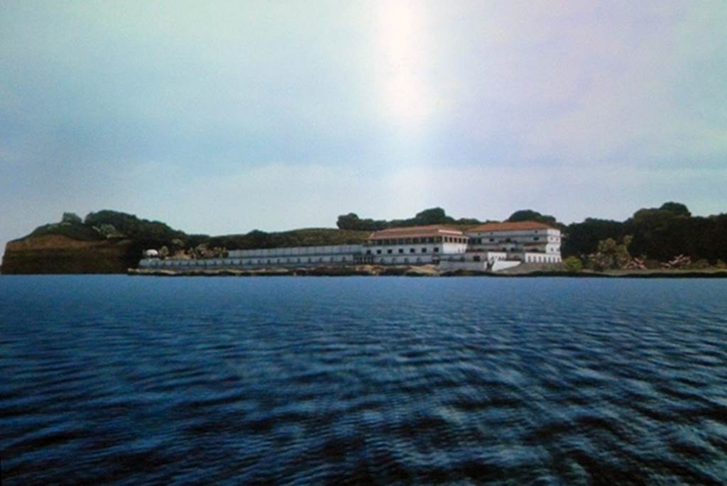 Villa dei Papiri, Herculaneum. September 2015. Reconstructed view of the Villa, from the sea.
Museo Archeologico Virtuale, Ercolano.
