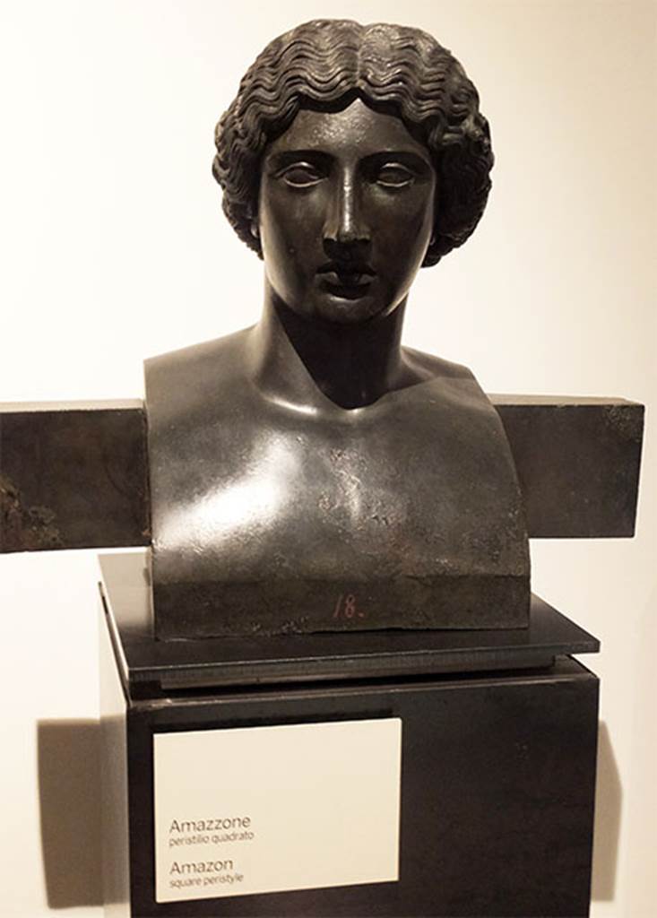 Villa dei Papiri, Herculaneum. Herm of an Amazon. Found in 1753 in the angles of the peristyle.
Now in Naples Archaeological Museum. Inventory number 4889.
