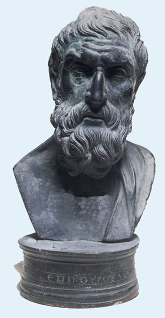Villa dei Papiri, Herculaneum. Bronze bust of Epicurus. Found in 1753, North of the tablinum.
Now in Naples Archaeological Museum. Inventory number 5465.
