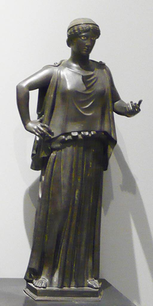 Villa dei Papiri, Herculaneum. Bronze statue of dancer.
Found in 1745, along south portico on right side.
Now in Naples Archaeological Museum. Inventory number 5605.
Photo courtesy of Buzz Ferebee.
