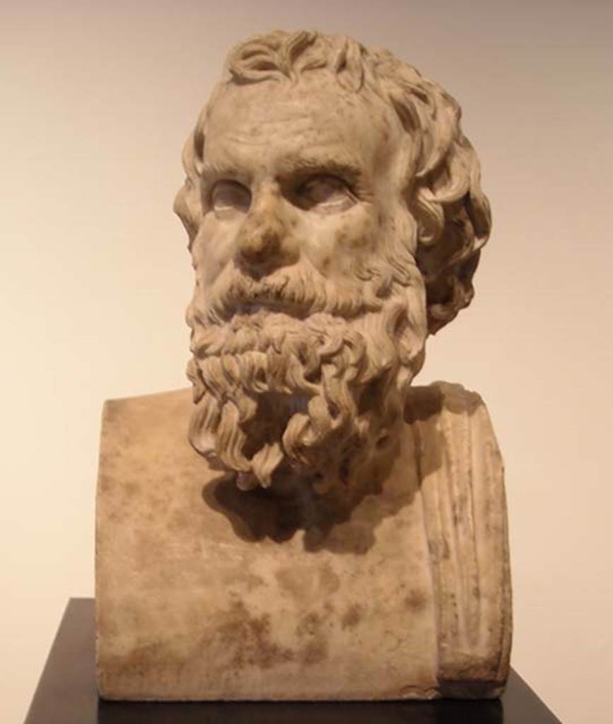 Villa dei Papiri, Herculaneum. Marble herm of a poet or philosopher.
Found in 1756, south side between the portico and the pond.
Now in Naples Archaeological Museum. Inventory number 6155.
