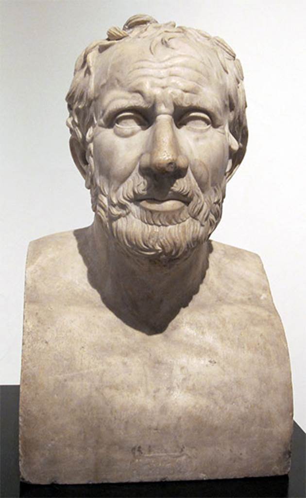 Villa dei Papiri, Herculaneum. Marble bust of the poet Panyassis of Halicarnassus.
Found in 1757, south side between the portico and the pond.
Now in Naples Archaeological Museum. Inventory number 6152.
