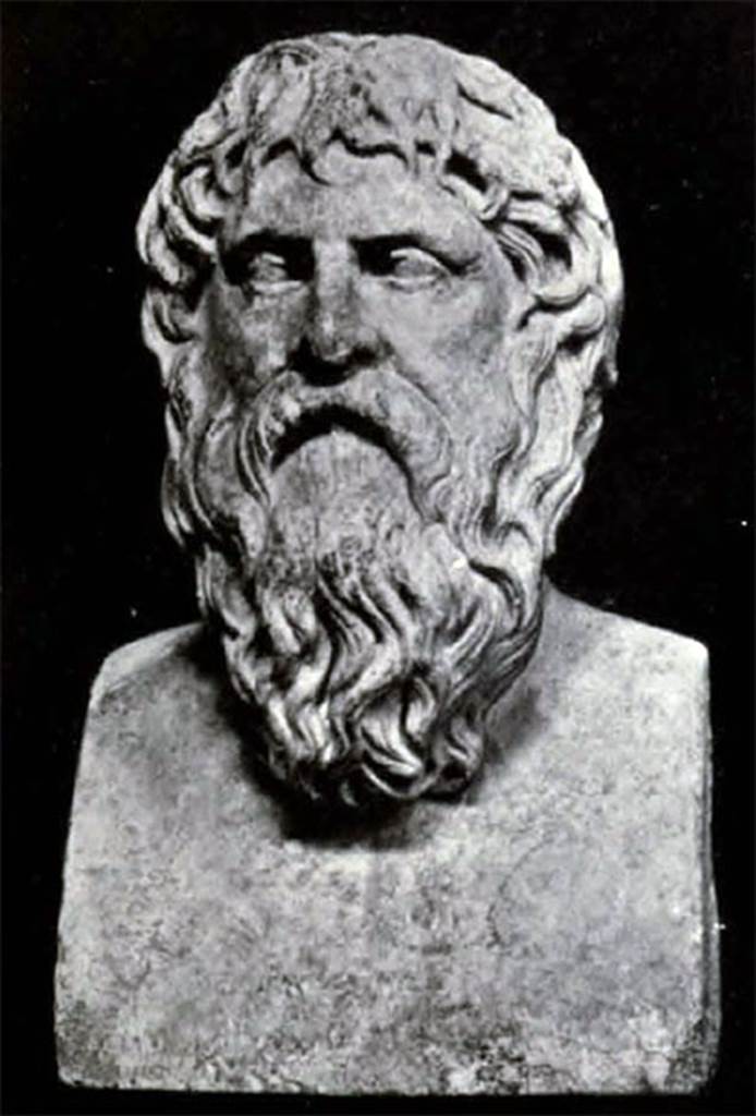 Villa dei Papiri, Herculaneum. Marble bust of Anacreon.
Found in 1757, south side between the portico and the pond.
Now in Naples Archaeological Museum. Inventory number 6414.
