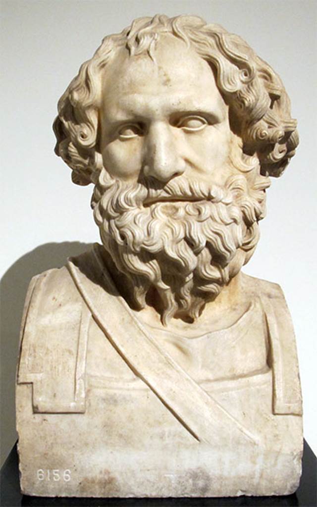 Villa dei Papiri, Herculaneum. Marble herm of Archidamus III.
Found in 1757, north side of the pond.
Now in Naples Archaeological Museum. Inventory number 6156.
Photo courtesy of Saiiko. Own work. Wikimedia CC by SA 3.0 licence
