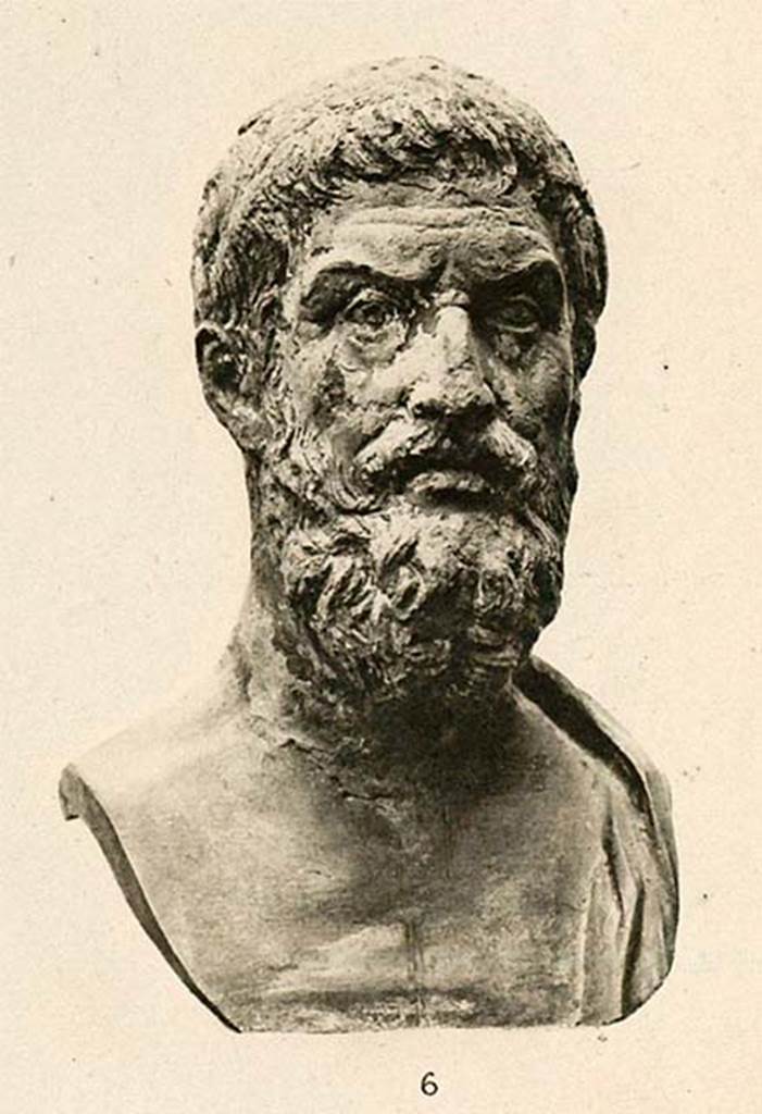 Villa dei Papiri, Herculaneum. Possibly found in area V on Weber’s plan. Small bust of Epicurus 0.142m high.
According to Comparetti and de Petra, a bust which bears a striking resemblance to the two previous ones but to a less beautiful execution.
Found in 1753, possibly in area V on Weber’s plan.
See Comparetti D. and De Petra G., 1883. La Villa Ercolanese de Pisone. Torino: Ermanno Loescher, p. 258-9, p. 263 n.15, Tav XII n.6.
Now in Naples Archaeological Museum. Inventory number 5470.
