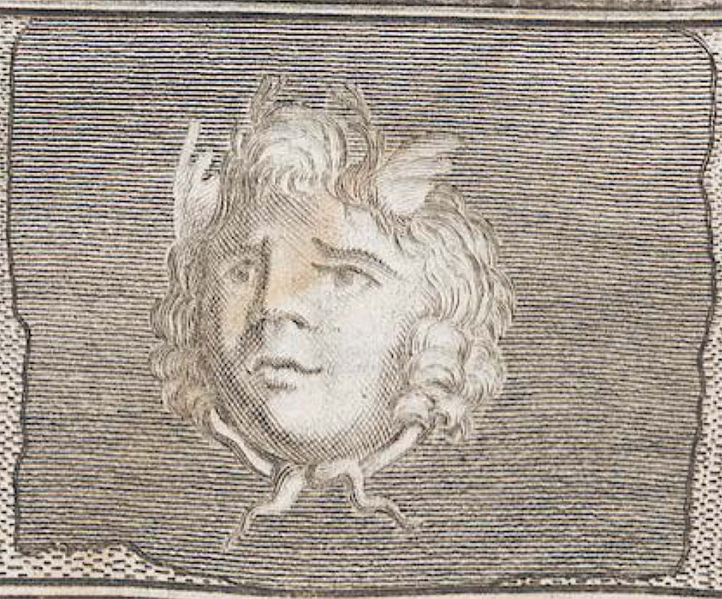 Villa dei Papiri, Herculaneum. Fresco of Medusa head.
Now in Naples Archaeological Museum. Inventory number 8821B
See Antichità di Ercolano: Tomo Quarto: Le Pitture 4, 1765, p. 17.

