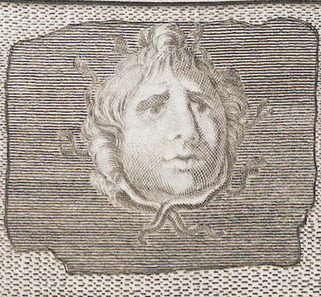 Villa dei Papiri, Herculaneum. Fresco of Medusa head.
Now in Naples Archaeological Museum. Inventory number 8821C.
See Antichità di Ercolano: Tomo Quarto: Le Pitture 4, 1765, p. 17.
