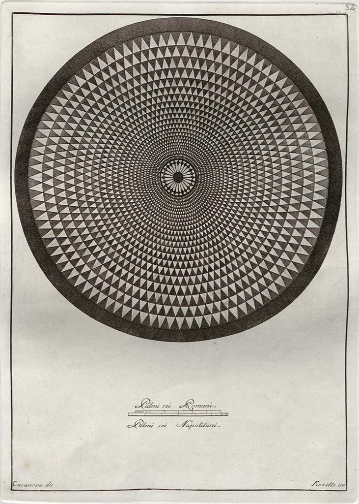 Villa dei Papiri, Herculaneum. Circular polychrome mosaic floor, from the belvedere.
Diameter 7.80m, covering an area of 42 square metres, now in Naples Archaeological Museum, but without an inventory number.
According to Gli Ornati -
No.32. “Pavimento circolare a lastre di giallo antico. Le lastres on piramidali e circolarmente disposte in ventidue cerchi concentrici.
Incisione del Fiorillo.”
See Gli ornati delle pareti ed i pavimenti delle stanze dell'antica Pompei incisi in rame: 1838, and Gli Ornati (pt.2. 1808).
According to Papaccio, “this was sketched by Weber on January 13th, 1751, described as the great circular “belvedere mosaic”, so called because it was imagined to have adorned an outlying panoramic point of the Villa.”
See Papaccio, V. The floors of the Villa dei Papiri. (p.56-63, of Buried by Vesuvius, the Villa dei Papiri at Herculaneum, edited by Kenneth Lapatin). 
According to Allroggen-Bedel, this was a mosaic floor from the Villa of Papyri at Herculaneum.
See Allroggen-Bedel, A. Il Museo Ercolanense di Portici in Cronache Ercolanese supp. 2, 1983, p. 112.
