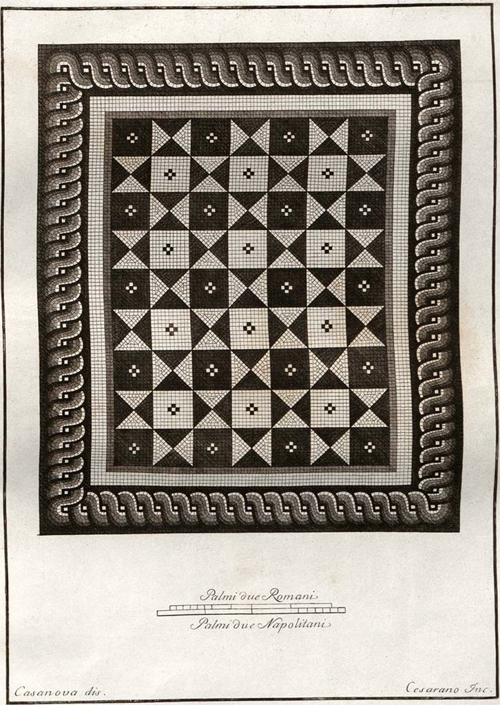 No.1 - Reggia di Portici, pre 1796. Detail of mosaic flooring in Royal Apartments, possibly from Villa of Papyri.
See Gli ornati delle pareti ed i pavimenti delle stanze dell'antica Pompei incisi in rame: 1838, p. 118/124, and Gli Ornati pt.1.1796. 
According to Cooke, Cockburn, and Donaldson – This mosaic may have come from the Villa of Diomedes at Pompeii.
See Cooke, Cockburn, and Donaldson, 1827. Pompeii Illustrated: Vol. 2. London: Cooke, pl. 52.
